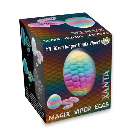 Bunte Schachtel mit Aufschrift Magix Viper Eggs, darauf ein Regenbogen-Ei und eine rosa Schlange abgebildet.