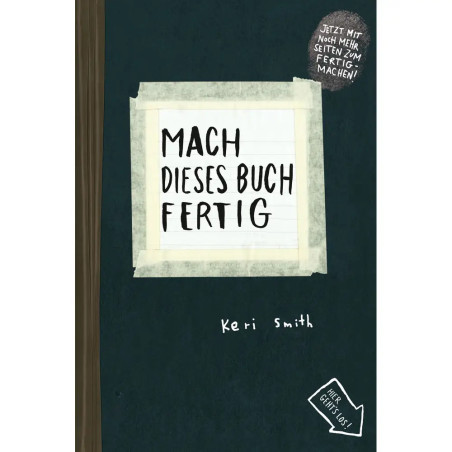 Buchcover von Mach dieses Buch fertig von Keri Smith mit handschriftlicher Schrift auf dunklem Hintergrund.