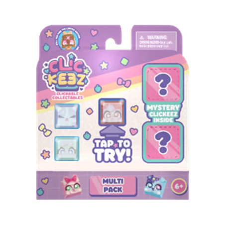 Lila CliKeez-Verpackung mit Sammelfiguren, zwei Überraschungen und den Labels Tap to Try! und Multi Pack.