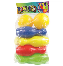 Bunte Kunststoff-Bowlingkegel und -bälle in transparenter Tasche mit Bowling-Aufschrift am oberen Rand.