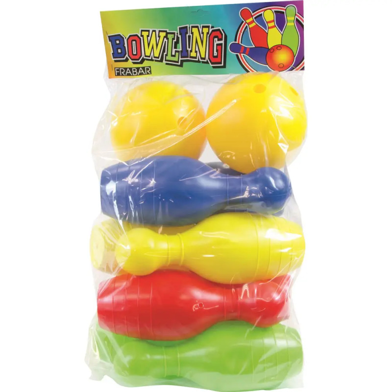 Bunte Kunststoff-Bowlingkegel und -bälle in transparenter Tasche mit Bowling-Aufschrift am oberen Rand.