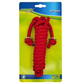Rotes Springseil auf grün-blauer Verpackung mit Aufschrift Outdoor Active Springseil, ab 5 Jahren geeignet.