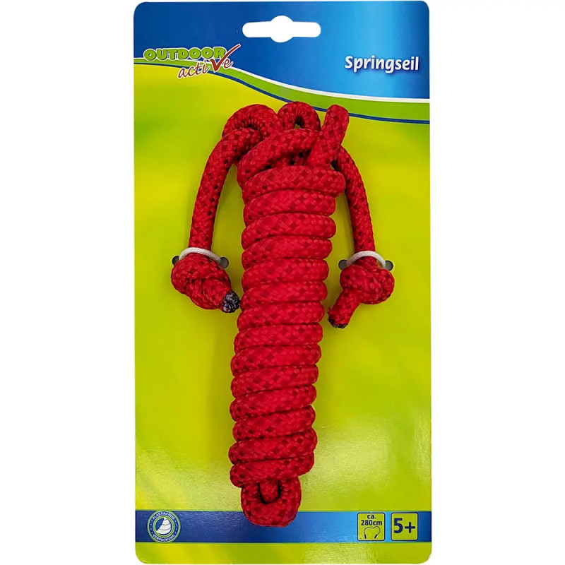 Rotes Springseil auf grün-blauer Verpackung mit Aufschrift Outdoor Active Springseil, ab 5 Jahren geeignet.