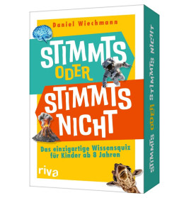 Bunte deutsche Quizspiel-Box mit auffälliger Schrift sowie Bildern von Gehirn, Astronaut, Vulkan und Erdmännchen.