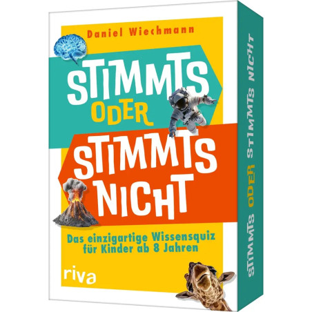 Bunte deutsche Quizspiel-Box mit auffälliger Schrift sowie Bildern von Gehirn, Astronaut, Vulkan und Erdmännchen.