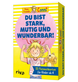 Ein fröhliches Mädchen und ein Teddybär mit dem Text Du bist stark, mutig und wunderbar! auf einer bunten Box.