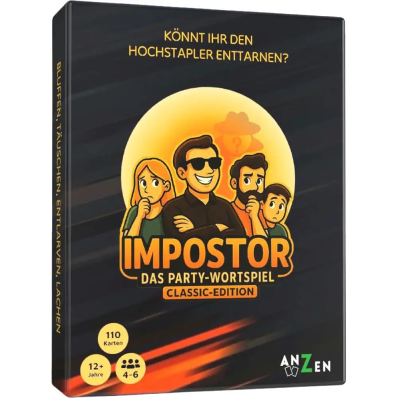 Box von Impostor: Das Party-Wortspiel mit Cartoonfiguren und auffälligem, gelb-orangefarbenem Design.