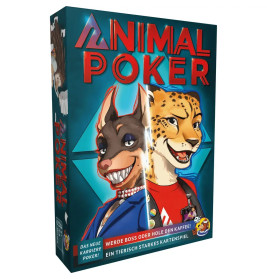 Box der Animal Poker Karten mit illustriertem Hund und Gepard in Businesskleidung.