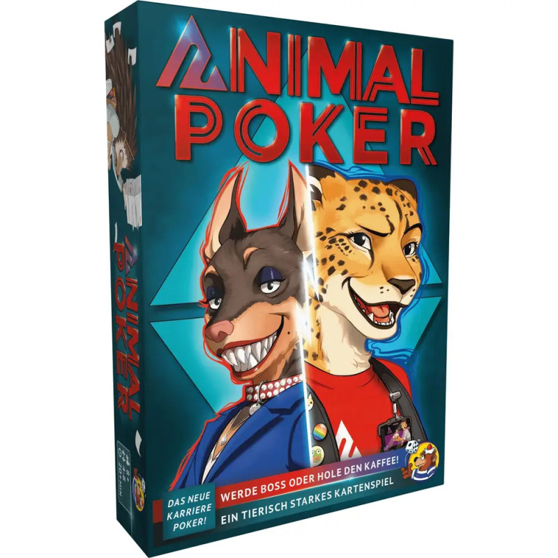 Box der Animal Poker Karten mit illustriertem Hund und Gepard in Businesskleidung.