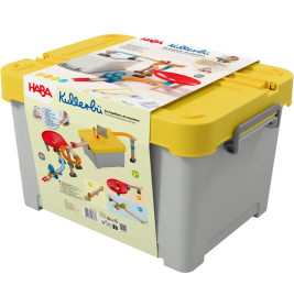 Graue HABA Aufbewahrungsbox mit gelbem Deckel und Produktetikett für ein Kinderspielzeugset.