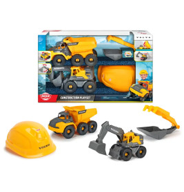 Bau-Spielset mit Helm, Muldenkipper, Bagger und Zubehör in Gelb und Grau.