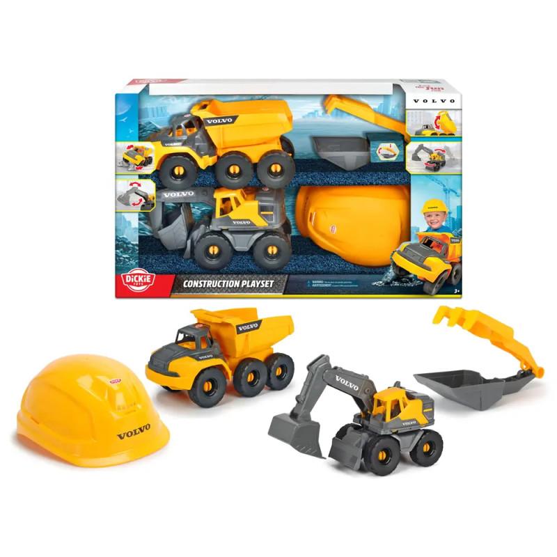 Bau-Spielset mit Helm, Muldenkipper, Bagger und Zubehör in Gelb und Grau.