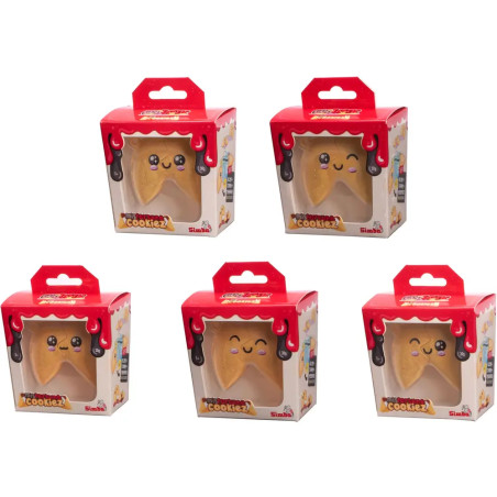 Fünf Fortune-Cookie-Spielzeuge mit süßen Gesichtern in zwei Reihen vor weißem Hintergrund.