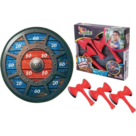 Runde Wikingerdart-Scheibe mit roten Schaumstoff-Äxten, dazu Produktbox mit spielendem Kind abgebildet.
