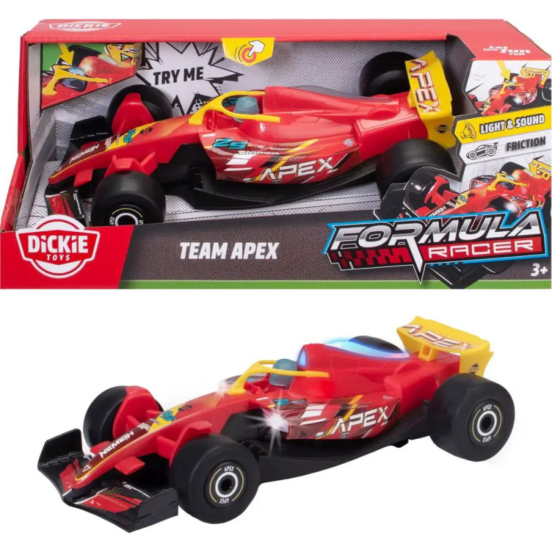 Rotes Formel-1-Spielzeugauto Team Apex mit Licht und Sound im Karton, geeignet ab 3 Jahren.