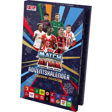 Box des Match Attax Adventskalenders 2025/26 mit Fußballspielern und Bundesliga-Vereinslogos. Box des Match Attax Adventskalenders 2025/26 mit Fußballspielern und Bundesliga-Vereinslogos.