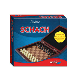 Noris Deluxe Schachset: Auf der Verpackung sind das Holzbrett und die Figuren abgebildet.