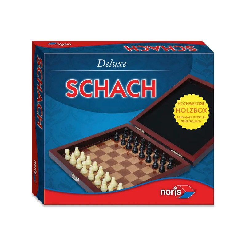 Noris Deluxe Schachset: Auf der Verpackung sind das Holzbrett und die Figuren abgebildet.