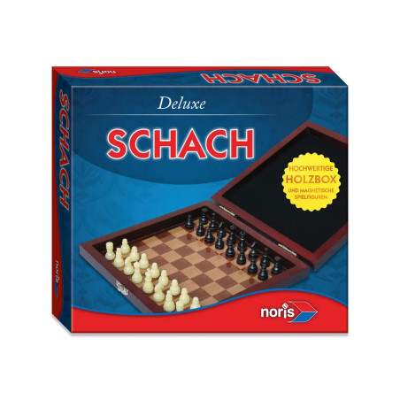 Noris Deluxe Schachset: Auf der Verpackung sind das Holzbrett und die Figuren abgebildet.