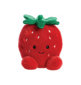 Ein Plüsch-Erdbeerspielzeug mit lächelndem Gesicht, grünen Blättern und rotem, flauschigem Körper.