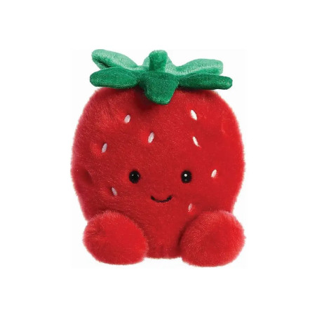 Ein Plüsch-Erdbeerspielzeug mit lächelndem Gesicht, grünen Blättern und rotem, flauschigem Körper.