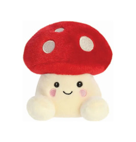 Plüschpilz mit rotem Hut, weißen Punkten, lachendem Gesicht und rosa Wangen vor weißem Hintergrund.