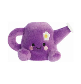 Lila Plüsch-Gießkanne mit lächelndem Gesicht, rosa Bäckchen und weißer Blume am Ausguss.