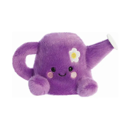 Lila Plüsch-Gießkanne mit lächelndem Gesicht, rosa Bäckchen und weißer Blume am Ausguss.