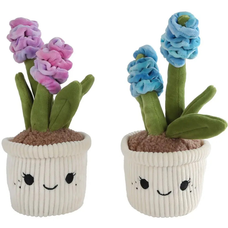Zwei Plüsch-Topfpflanzen mit lächelnden Gesichtern, eine mit lila und eine mit blauen Blüten.