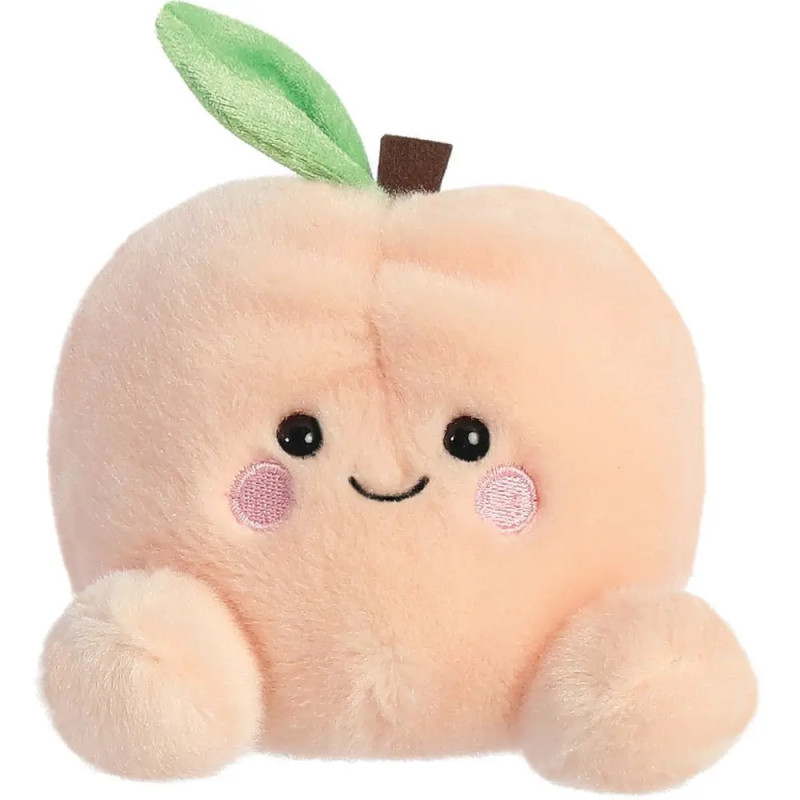 Plüsch-Pfirsich mit lächelndem Gesicht, rosa Wangen und grünem Blatt auf dem Kopf.