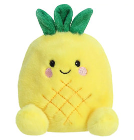 Gelbes Plüsch-Ananas-Spielzeug mit grünen Blättern, gesticktem Gesicht, rosa Wangen und Ziernähten.