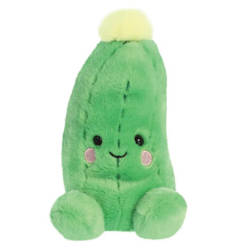 Plüsch-Gurkenfigur in Grün mit lächelndem Gesicht, rosa Wangen und flauschigem gelbem Kopf.
