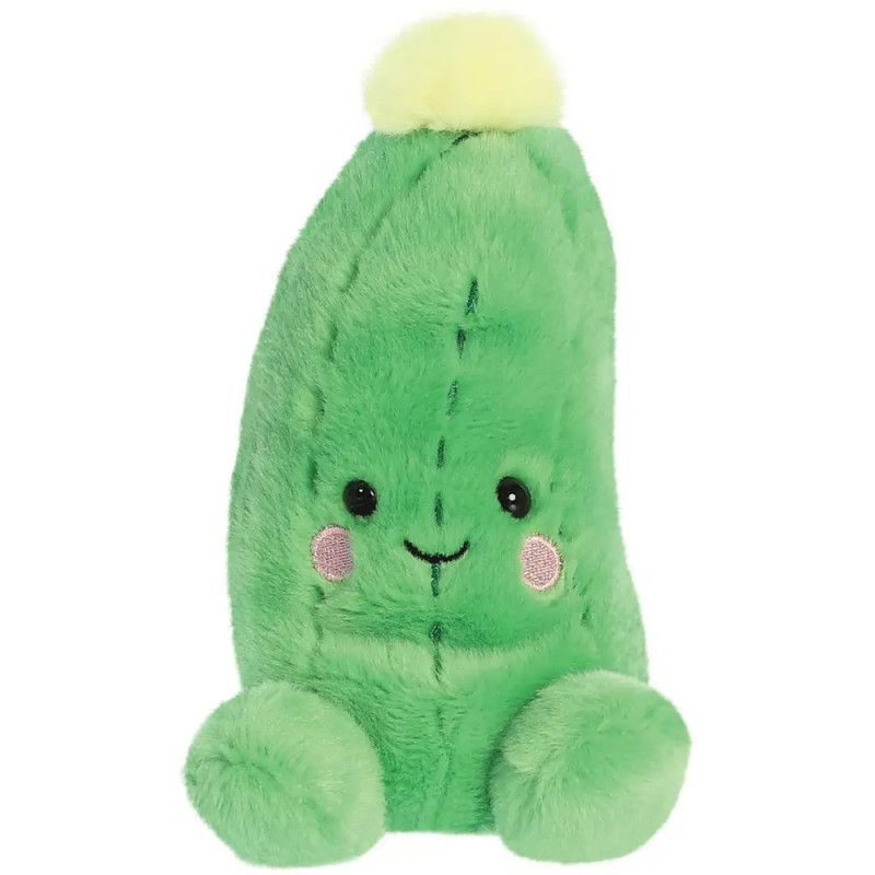 Plüsch-Gurkenfigur in Grün mit lächelndem Gesicht, rosa Wangen und flauschigem gelbem Kopf.