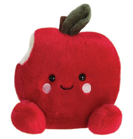 Plüschtier in Form eines roten Apfels mit lächelndem Gesicht, rosa Wangen und grünem Stiel.