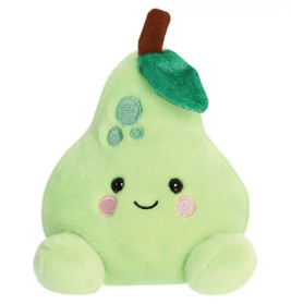 Plüschbirne in Grün mit lächelndem Gesicht, runden Wangen, Blatt und braunem Stiel.