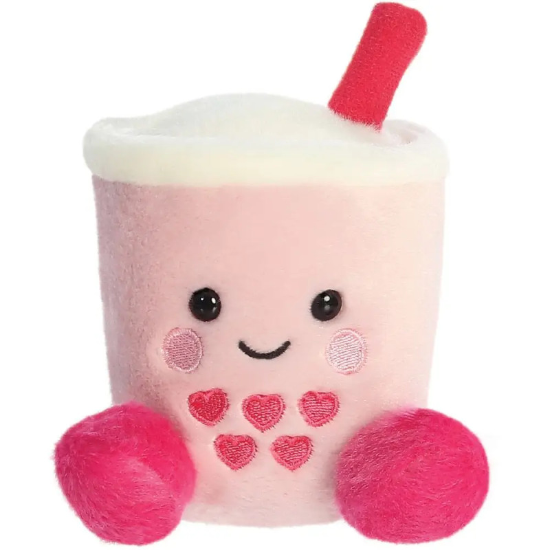 Rosa Bubble-Tea-Plüschfigur mit lächelndem Gesicht, rotem Strohhalm, Herz-Motiven und flauschigen roten Armen.