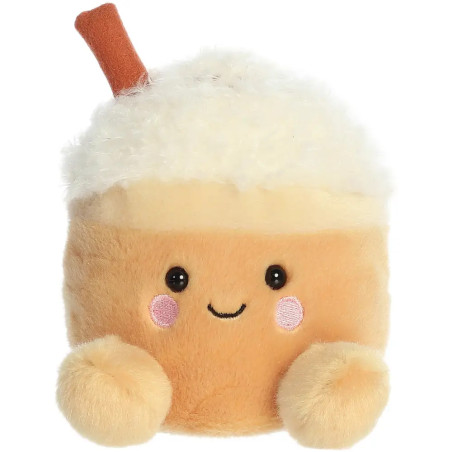 Plüschtier in Form eines lächelnden Getränks mit Sahnehaube, rosa Wangen und Strohhalm.