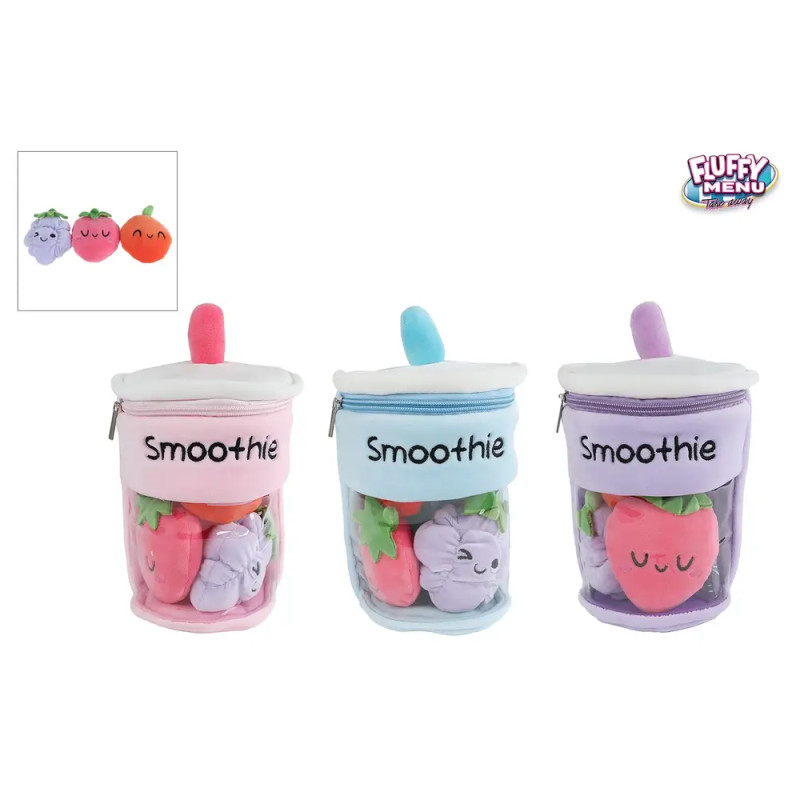 Drei Plüsch-Smoothiebecher in Pink, Blau und Lila mit lachenden Fruchtgesichtern und Smoothie-Aufdruck.
