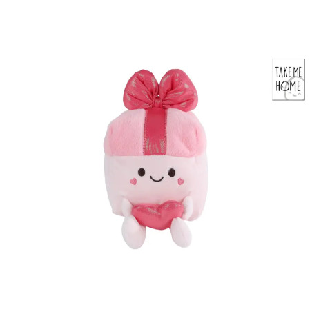 Rosa Plüschfigur als Geschenkbox mit lächelndem Gesicht, Herz in den Händen und rosa Schleife obendrauf.