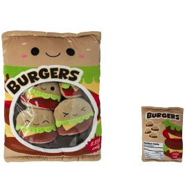 Plüsch-Burger-Spielzeug in einer Tüte mit lächelndem Gesicht und BURGERS-Label im niedlichen Cartoon-Stil.