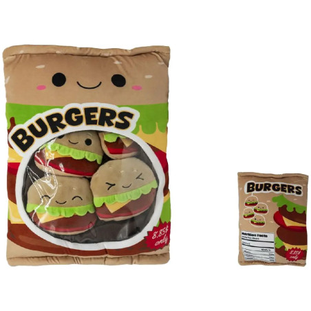 Plüsch-Burger-Spielzeug in einer Tüte mit lächelndem Gesicht und BURGERS-Label im niedlichen Cartoon-Stil.
