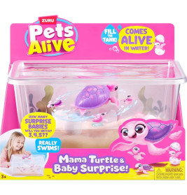 Pets Alive Spielzeugpaket: Rosa Plastikbecken mit Mama- und Babyschildkröte, als schwimmend beworben.