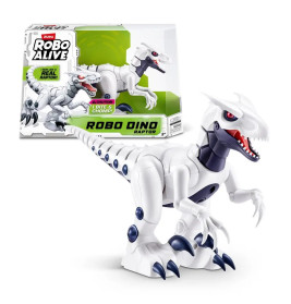 Weißes Roboter-Dinosaurierspielzeug mit spitzen Zähnen, blauen Krallen und der Verpackung Robo Dino Raptor im Hintergrund.