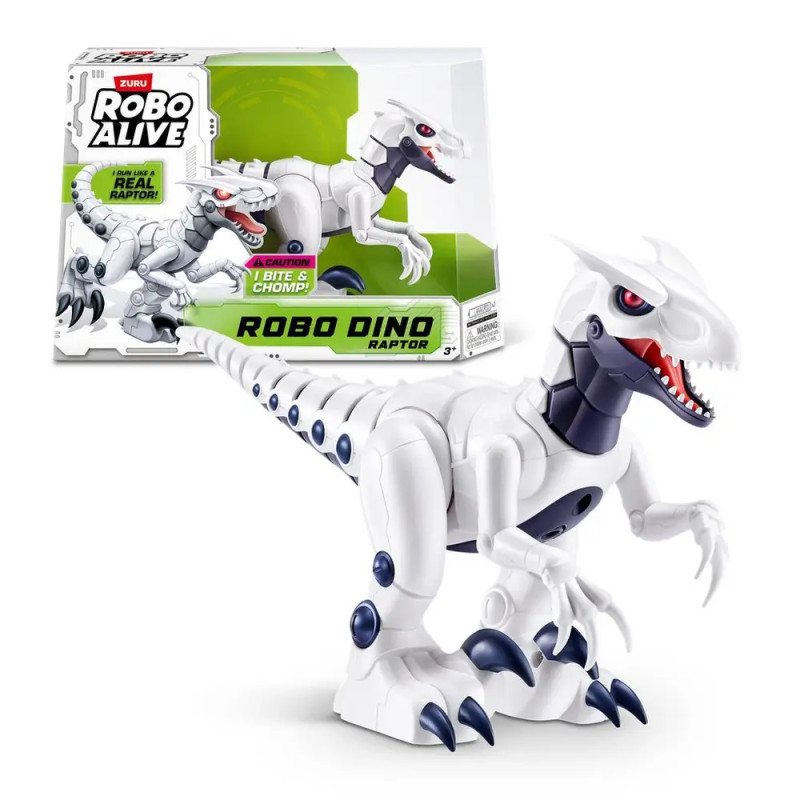 Weißes Roboter-Dinosaurierspielzeug mit spitzen Zähnen, blauen Krallen und der Verpackung Robo Dino Raptor im Hintergrund.