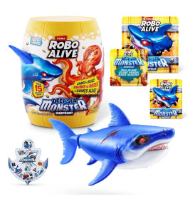 Robo Alive Deep Sea Monster Surprise Spielset mit Hai-Figur, Verpackung und Stickern.