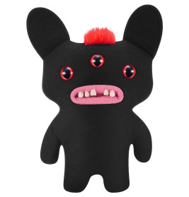 Schwarzes Plüschmonster mit drei roten Augen, großen Ohren, rotem Irokesenschnitt und offenem Maul mit Zähnen.