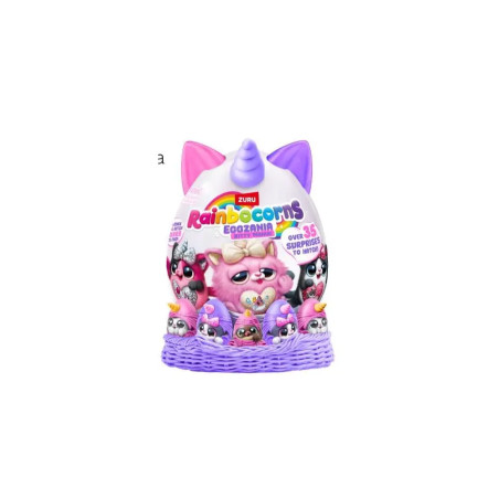 Ei-förmiges Rainbocorns-Spielzeug mit Einhornhorn, Ohren und bunten Tiergesichtern auf der Verpackung.