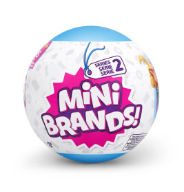 Runde Mini Brands Series 2 Kugel mit weißem Etikett und pinkem Logo auf blau-weißem Hintergrund.