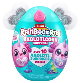 Türkisfarbenes, eiförmiges Rainbocorns Axolotlcorn-Spielzeug mit Axolotl-Motiven und glitzernden Ohren.