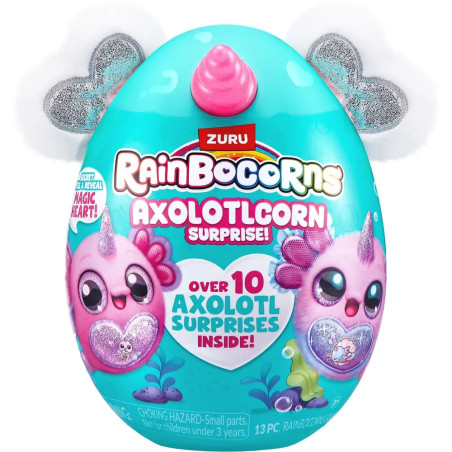Türkisfarbenes, eiförmiges Rainbocorns Axolotlcorn-Spielzeug mit Axolotl-Motiven und glitzernden Ohren.